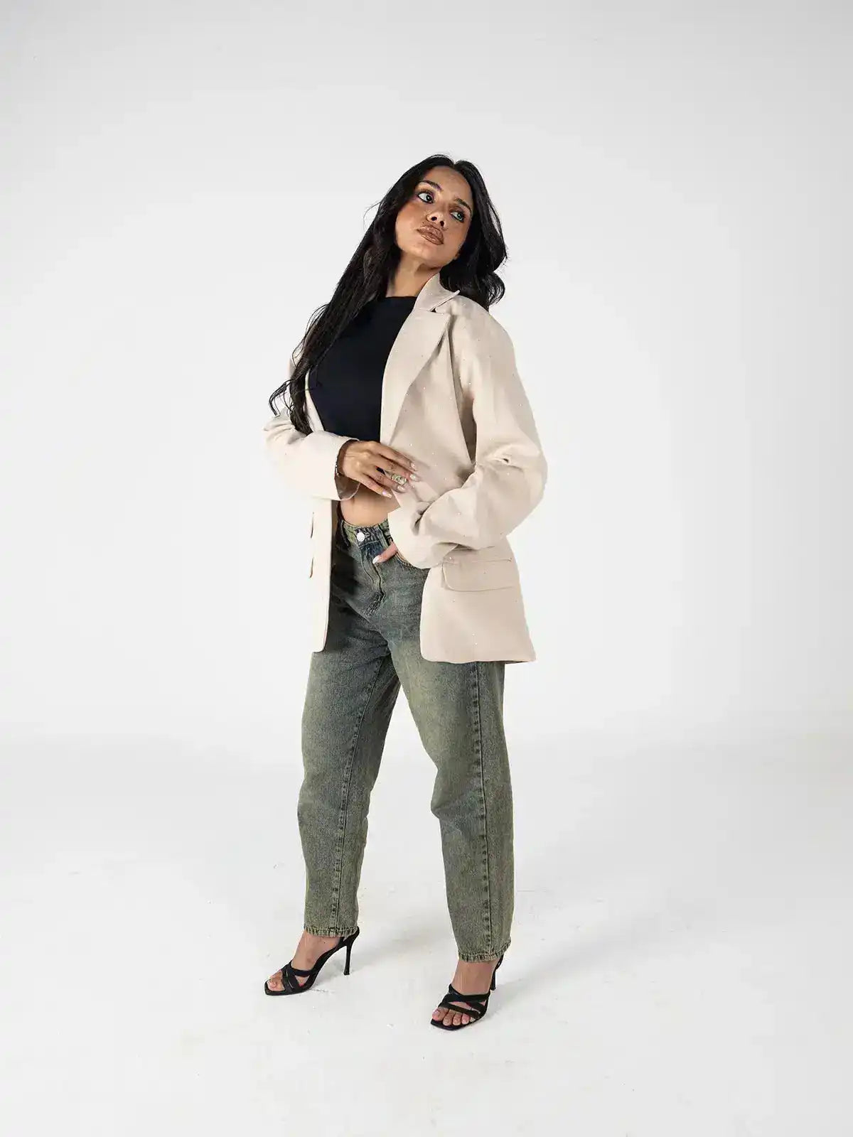 Beige Oversized Studded Blazer