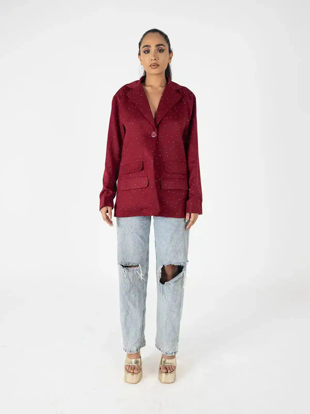 Burgundy Oversized Fit Studded Blazer