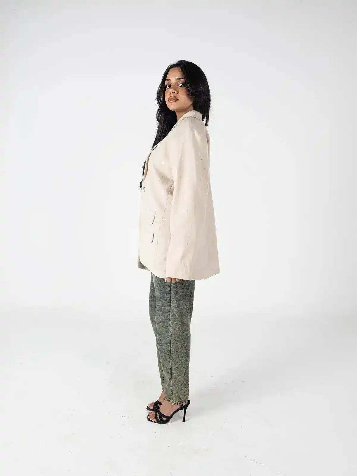 Beige Oversized Studded Blazer