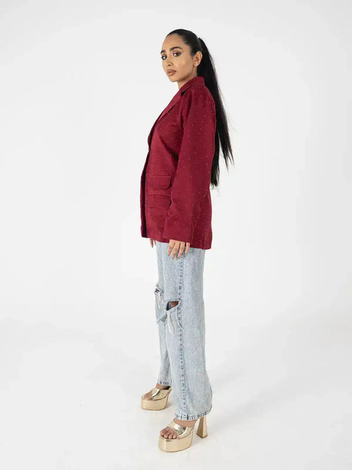 Burgundy Oversized Fit Studded Blazer