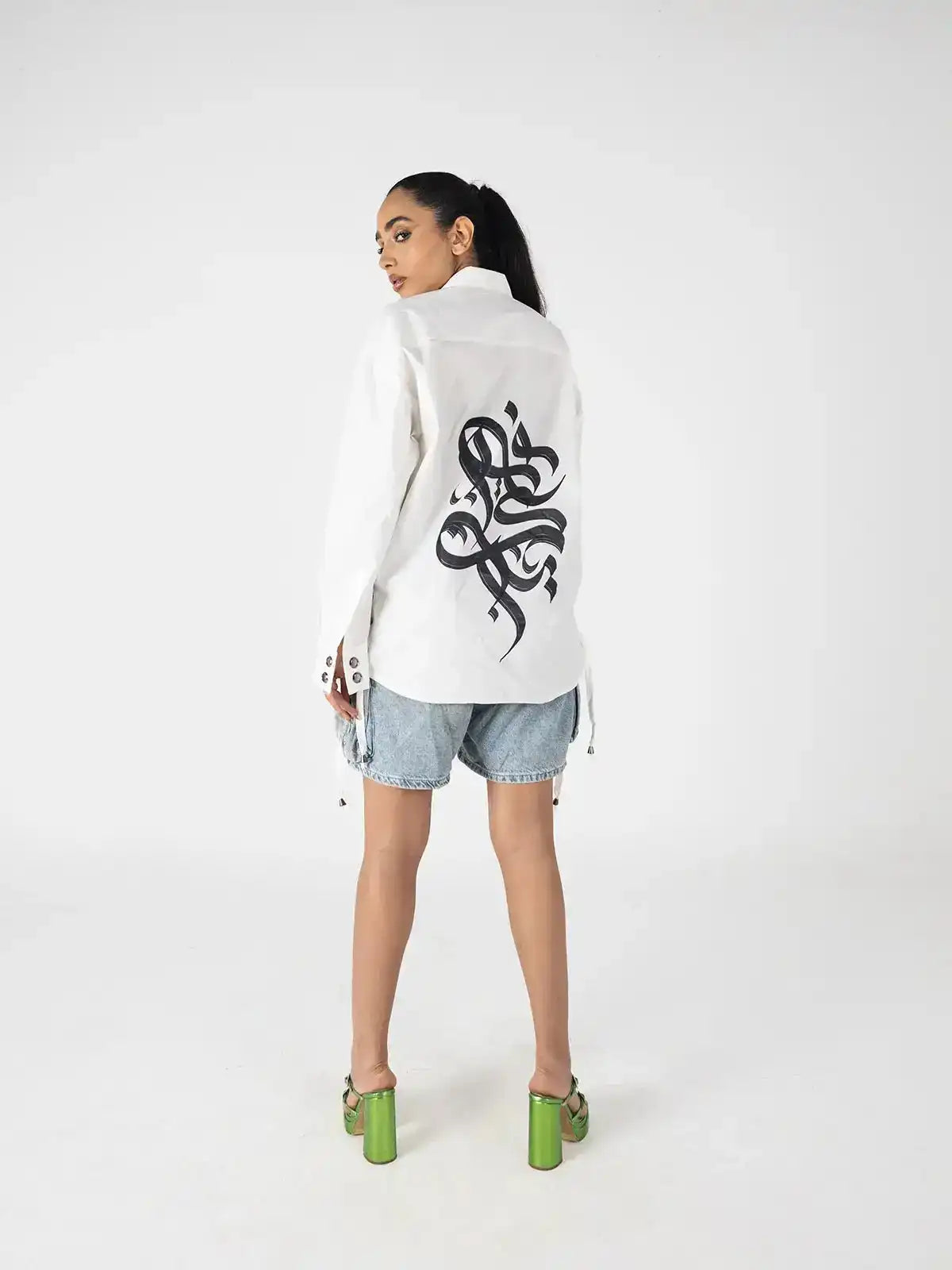 White Oversized shirt, cotton calligraphy shirt, Arabic print shirt
