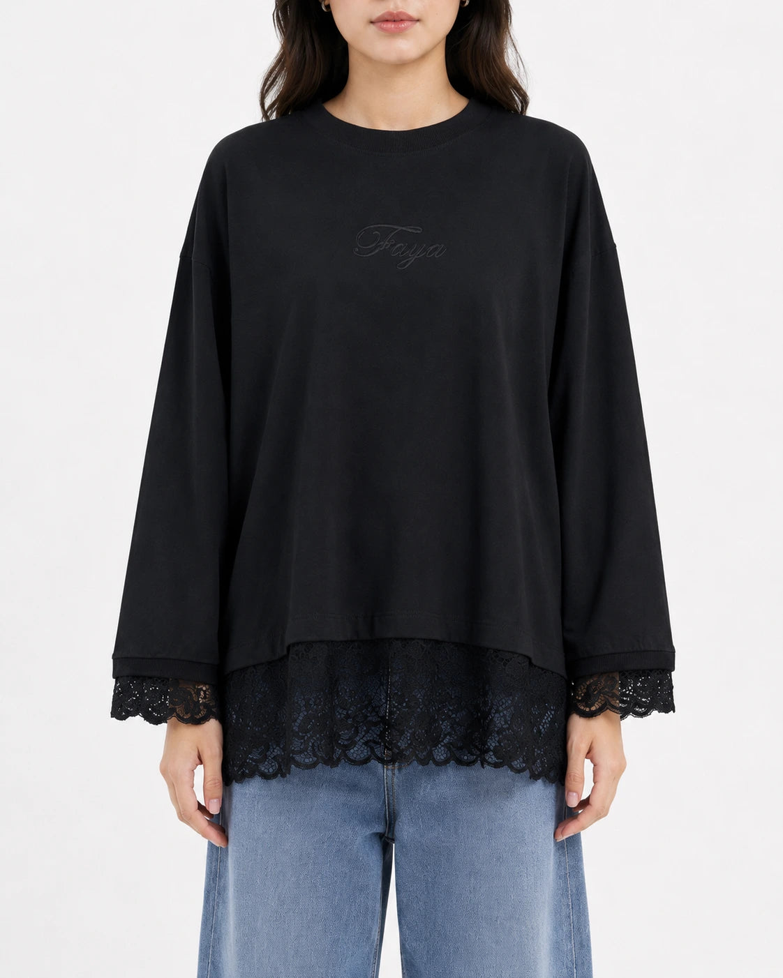 Black Lace Trim Tee – Faya