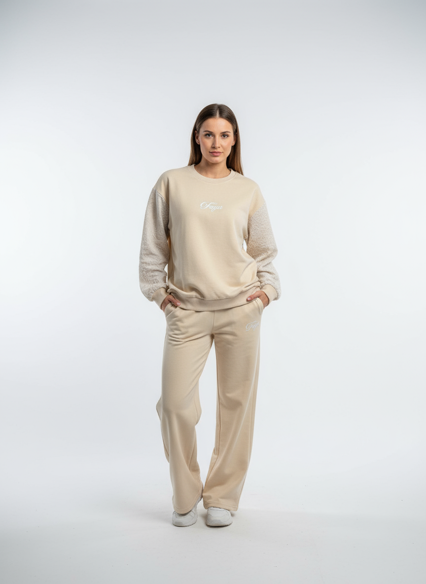 Faya Beige Lace-Sleeve Lounge Set – Soft Winter Elegance