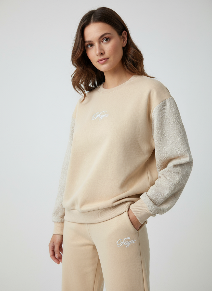 Faya Beige Lace-Sleeve Lounge Set – Soft Winter Elegance