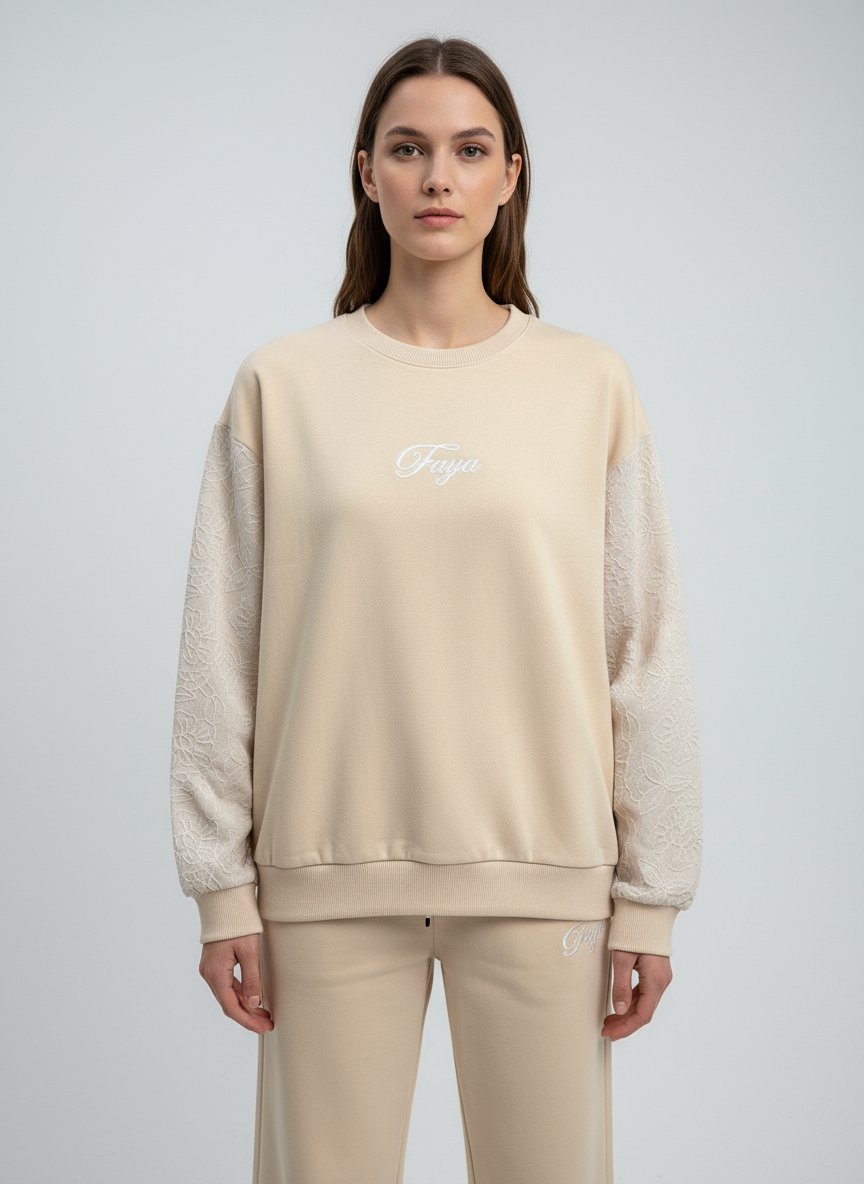 Faya Beige Lace-Sleeve Lounge Set – Soft Winter Elegance