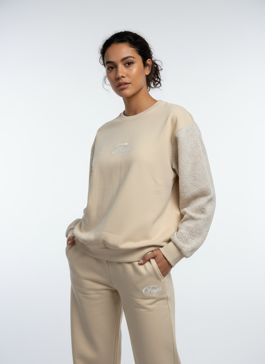 Faya Beige Lace-Sleeve Lounge Set – Soft Winter Elegance