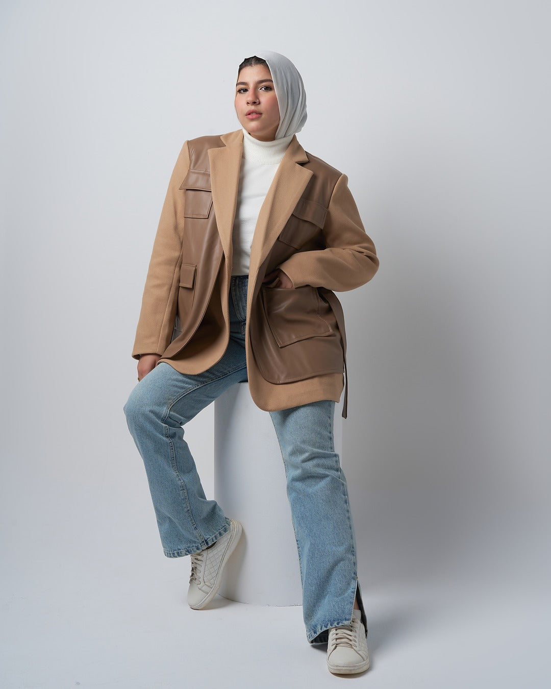 Wool-Blend Coat with Faux Leather Pockets – Camel
