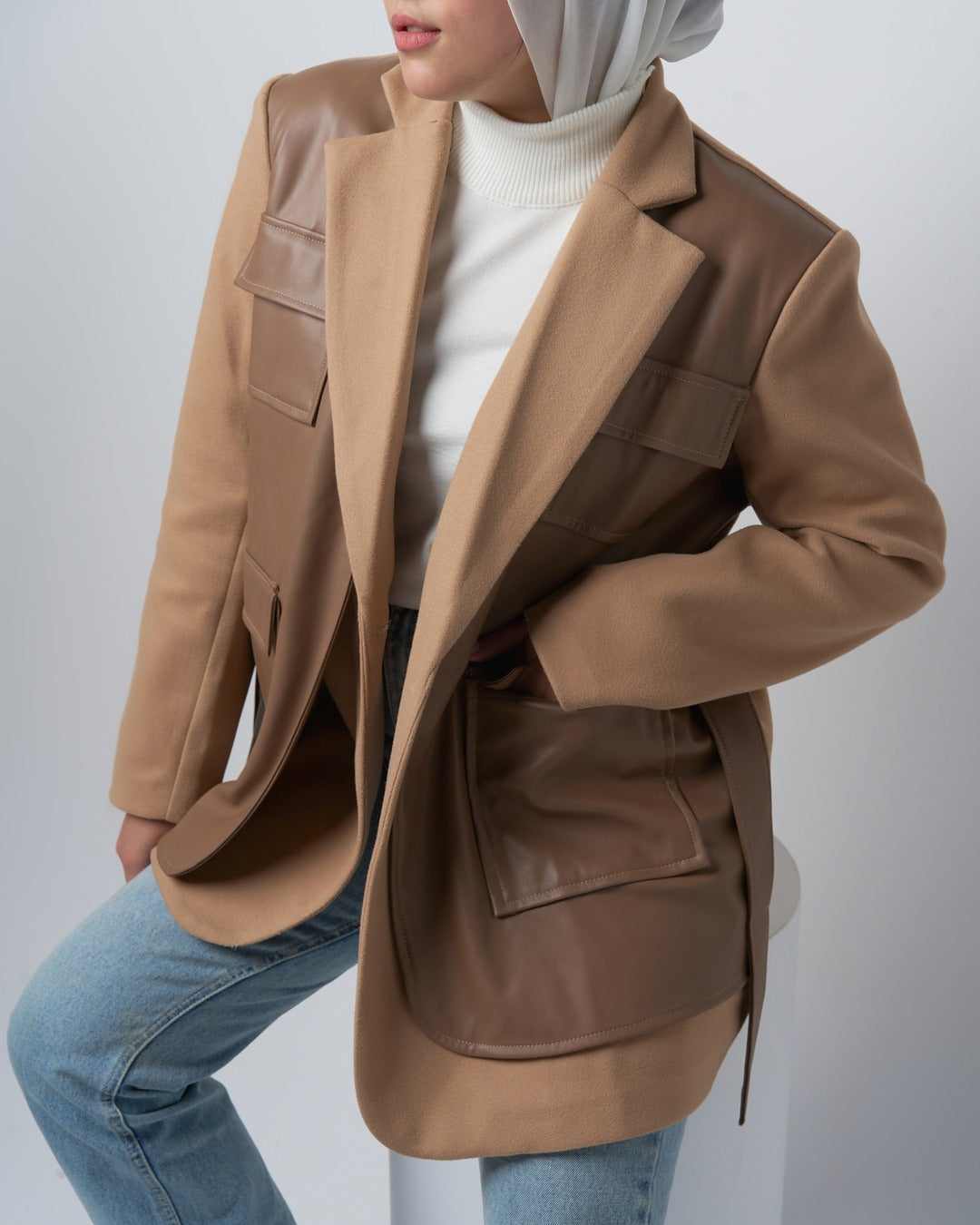 Wool-Blend Coat with Faux Leather Pockets – Camel