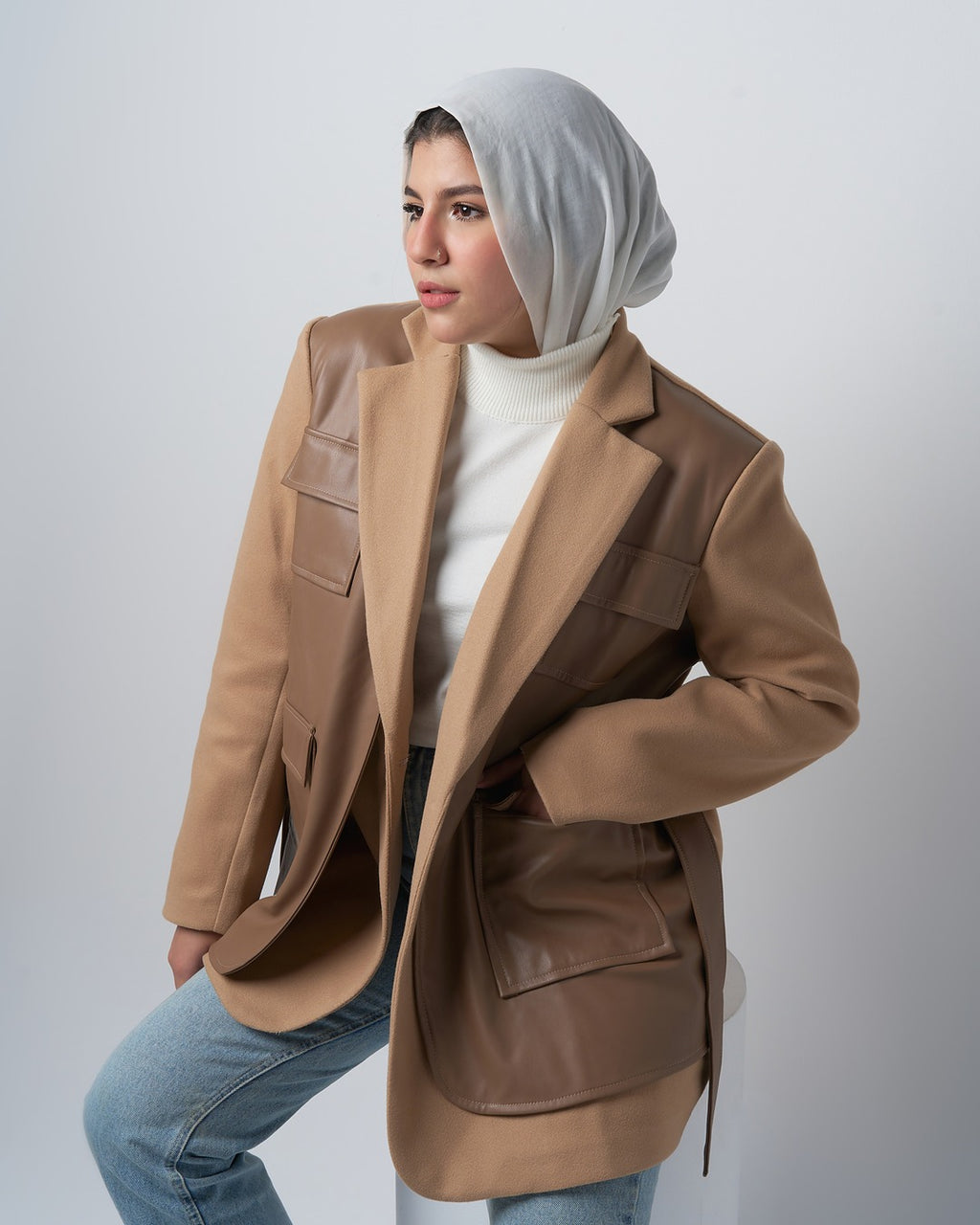Wool-Blend Coat with Faux Leather Pockets – Camel