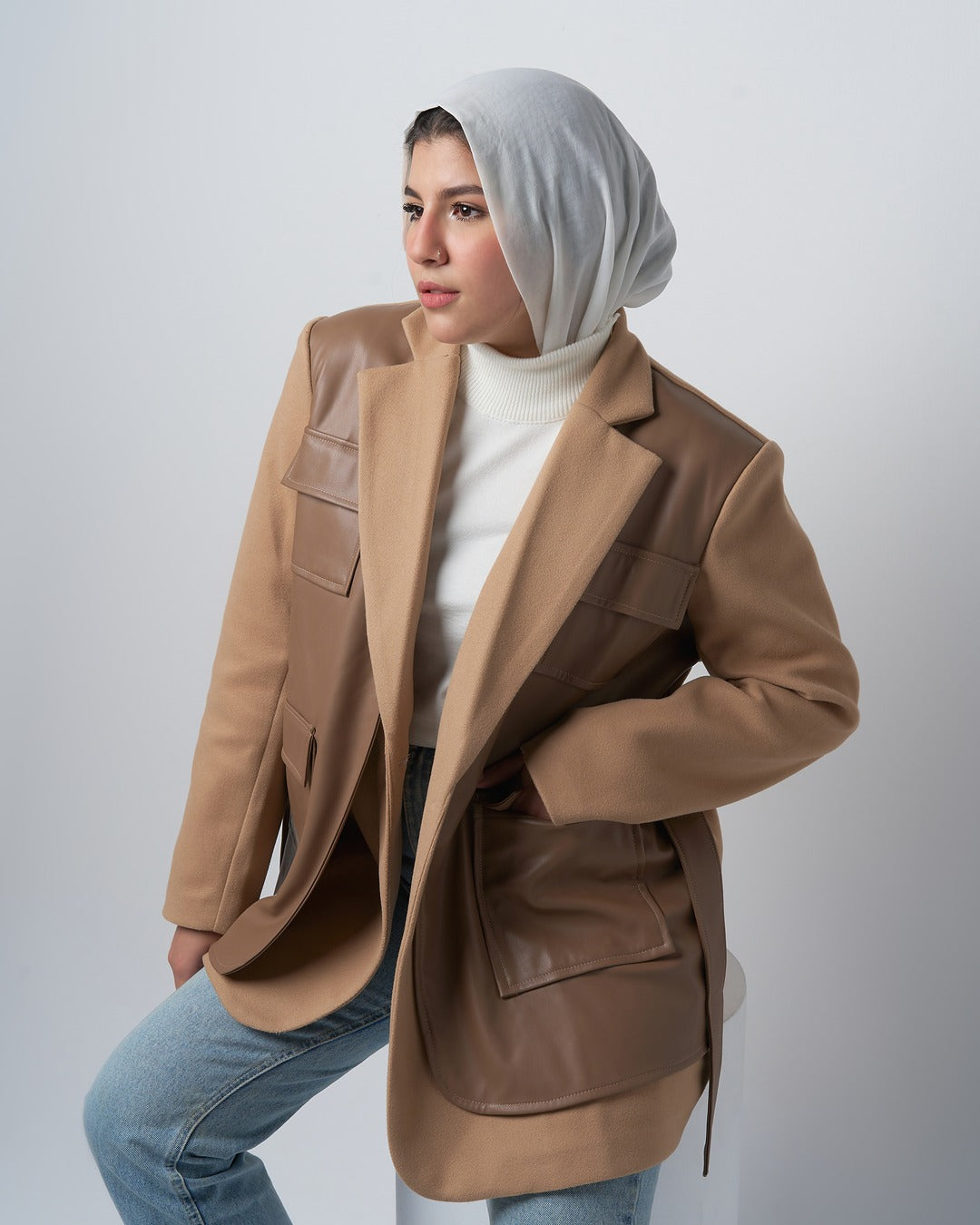 Wool-Blend Coat with Faux Leather Pockets – Camel