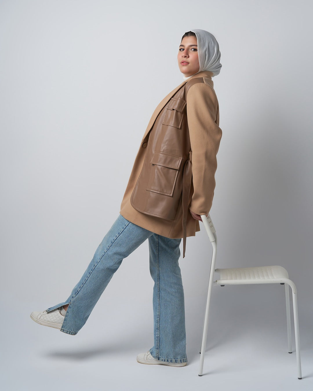 Wool-Blend Coat with Faux Leather Pockets – Camel