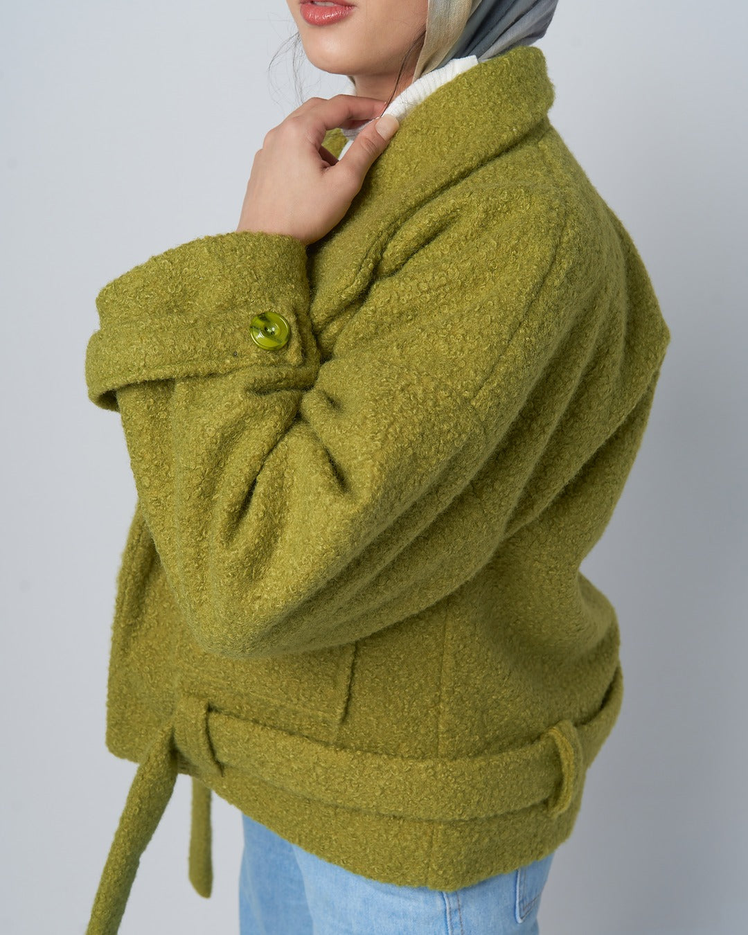 Textured Belted Jacket with Faux Fur Wool– Kiwi Green