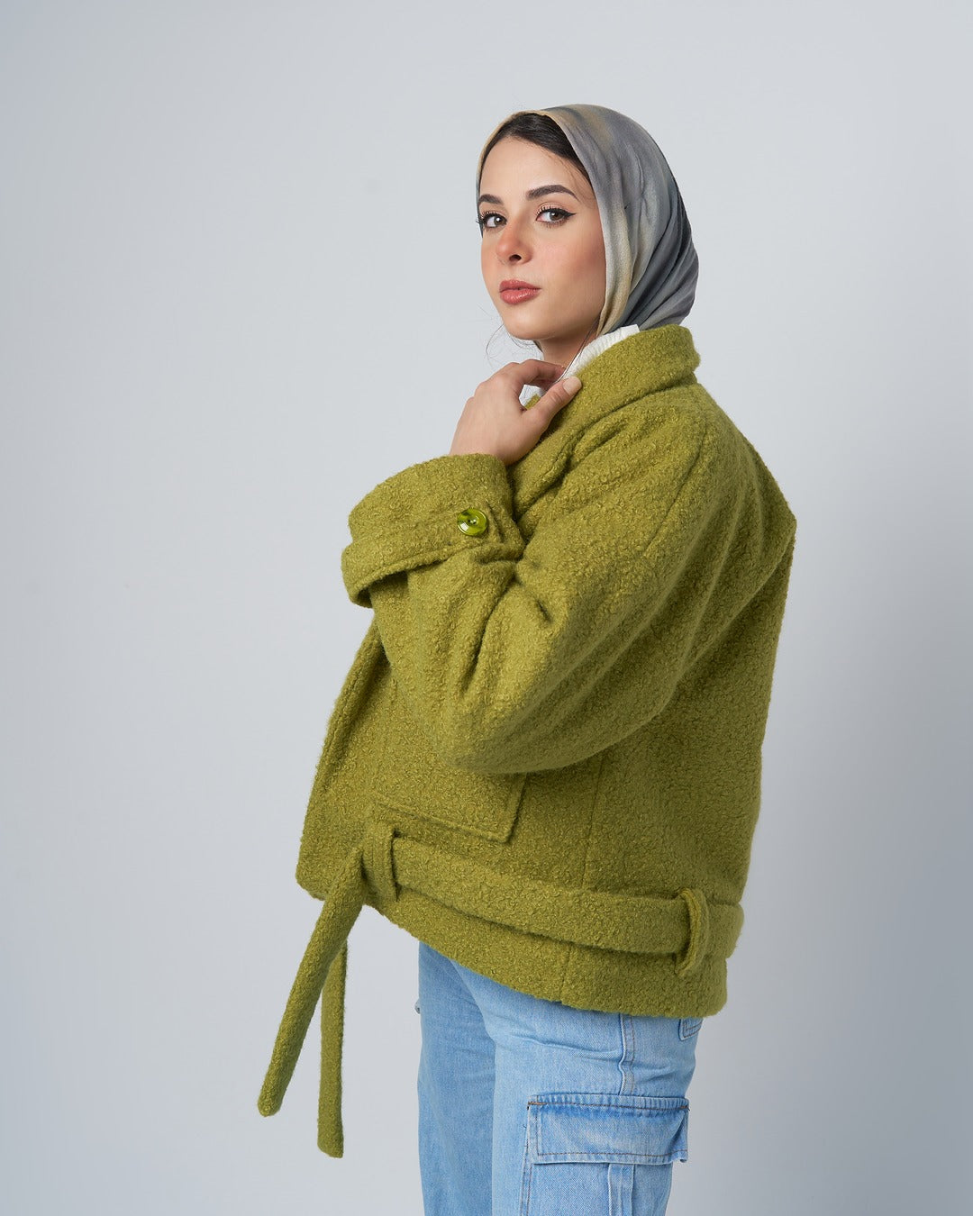 Textured Belted Jacket with Faux Fur Wool– Kiwi Green