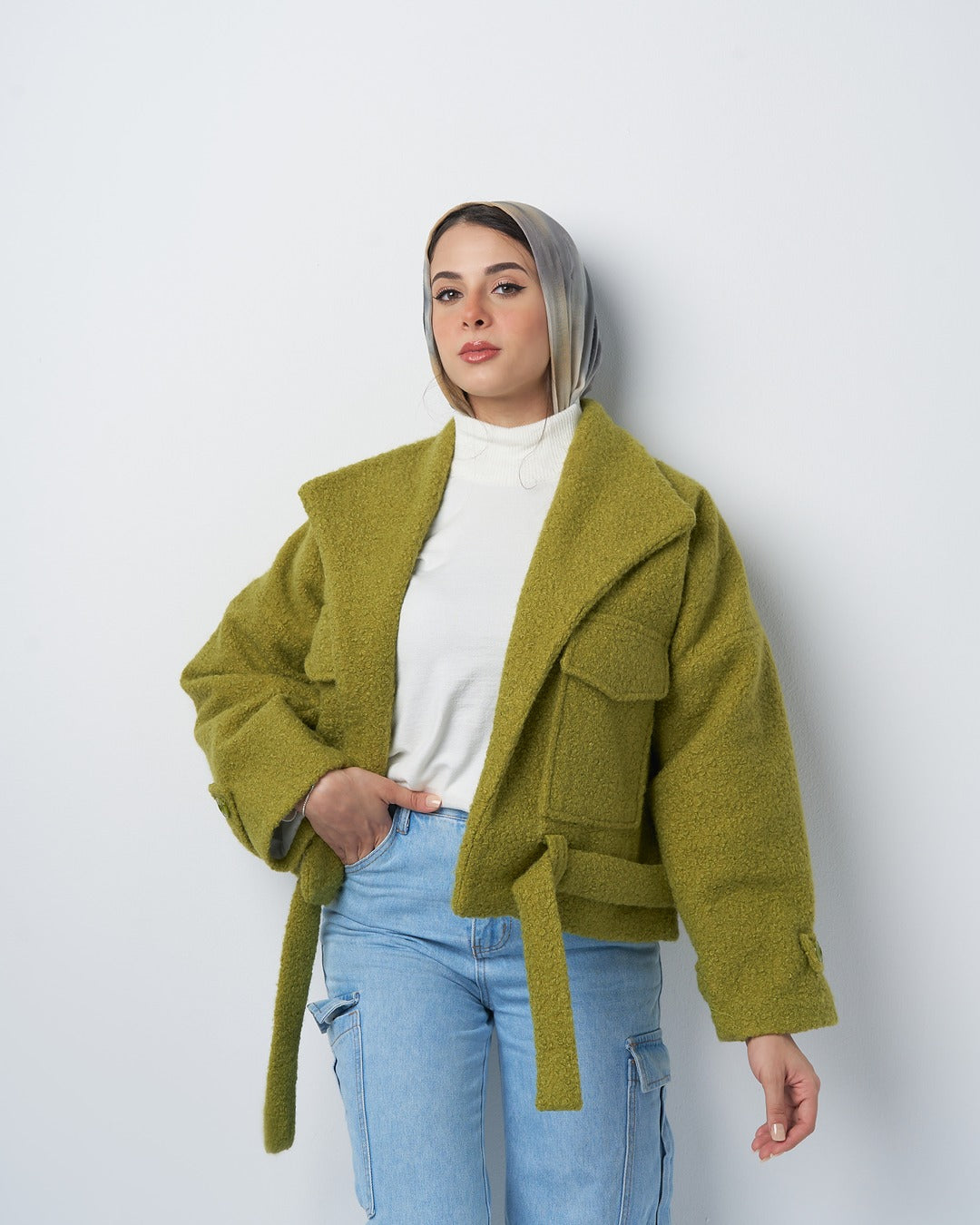 Textured Belted Jacket with Faux Fur Wool– Kiwi Green