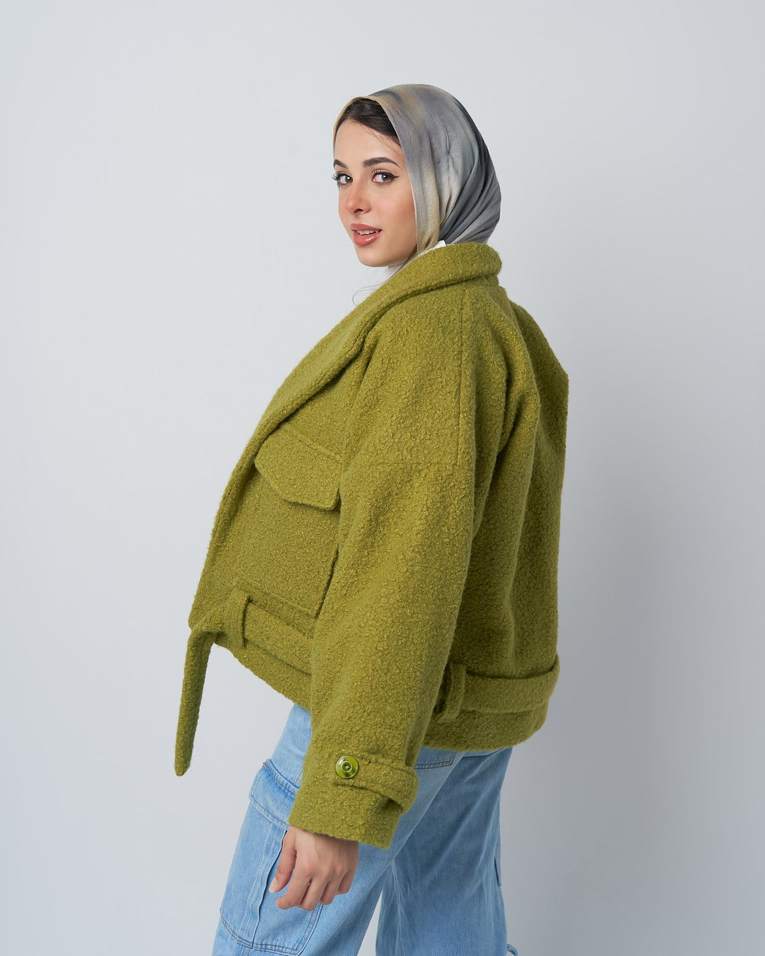 Textured Belted Jacket with Faux Fur Wool– Kiwi Green