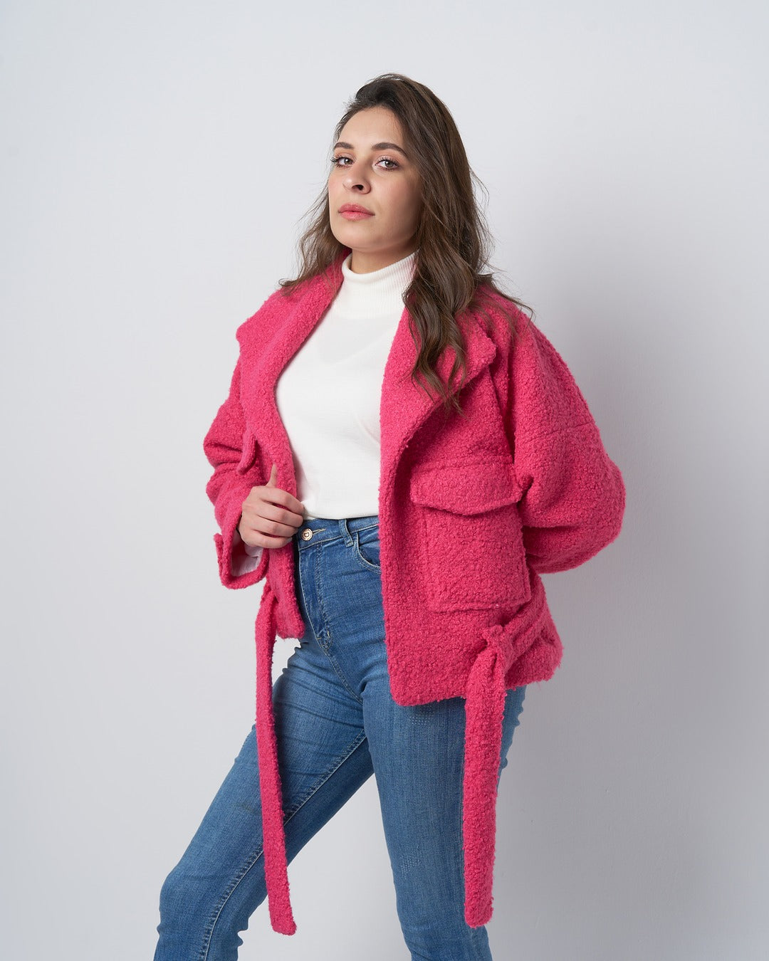 Textured Belted Jacket with Faux Fur Wool – Hot Pink