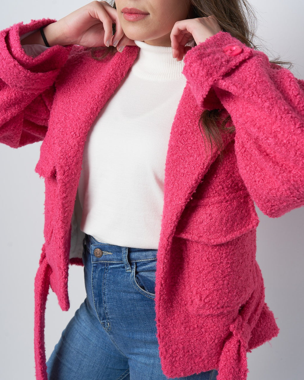 Textured Belted Jacket with Faux Fur Wool – Hot Pink