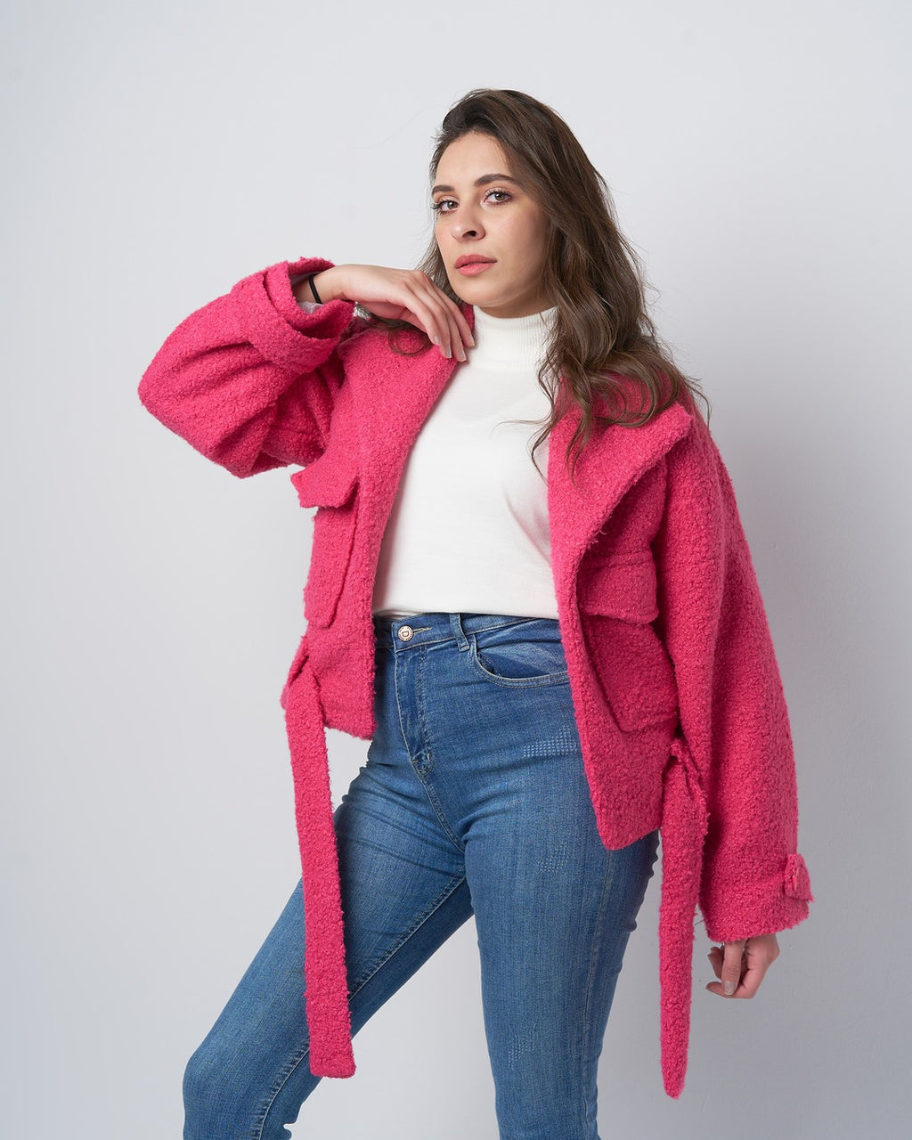 Textured Belted Jacket with Faux Fur Wool – Hot Pink