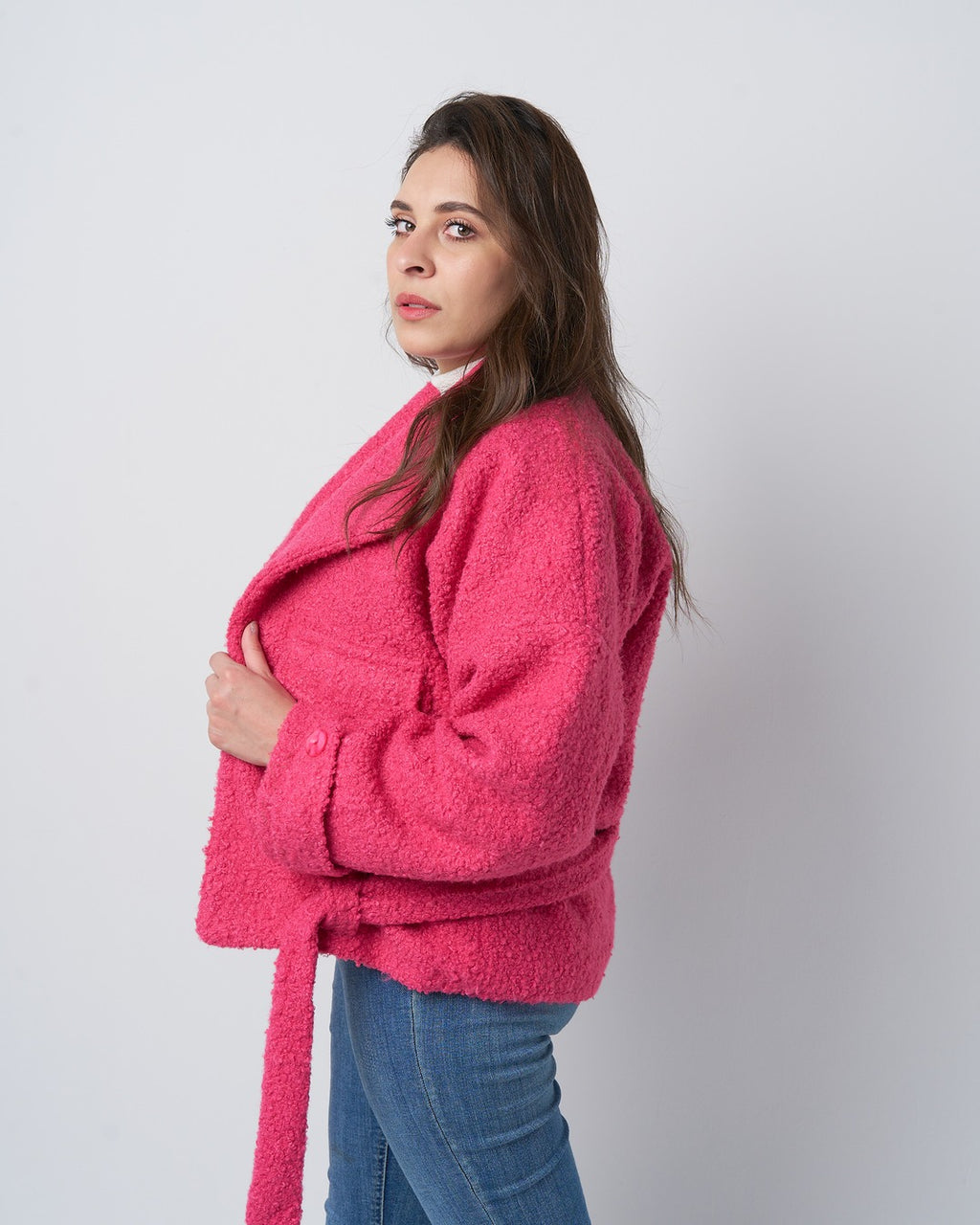 Textured Belted Jacket with Faux Fur Wool – Hot Pink