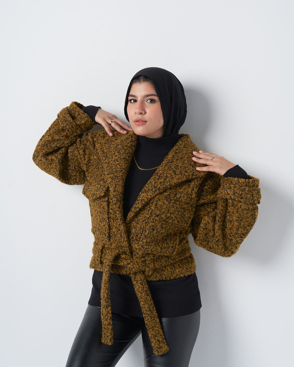 Textured Belted Jacket with Faux Fur wool – Mustard Mix