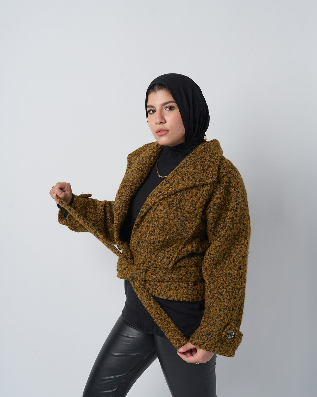 Textured Belted Jacket with Faux Fur wool – Mustard Mix