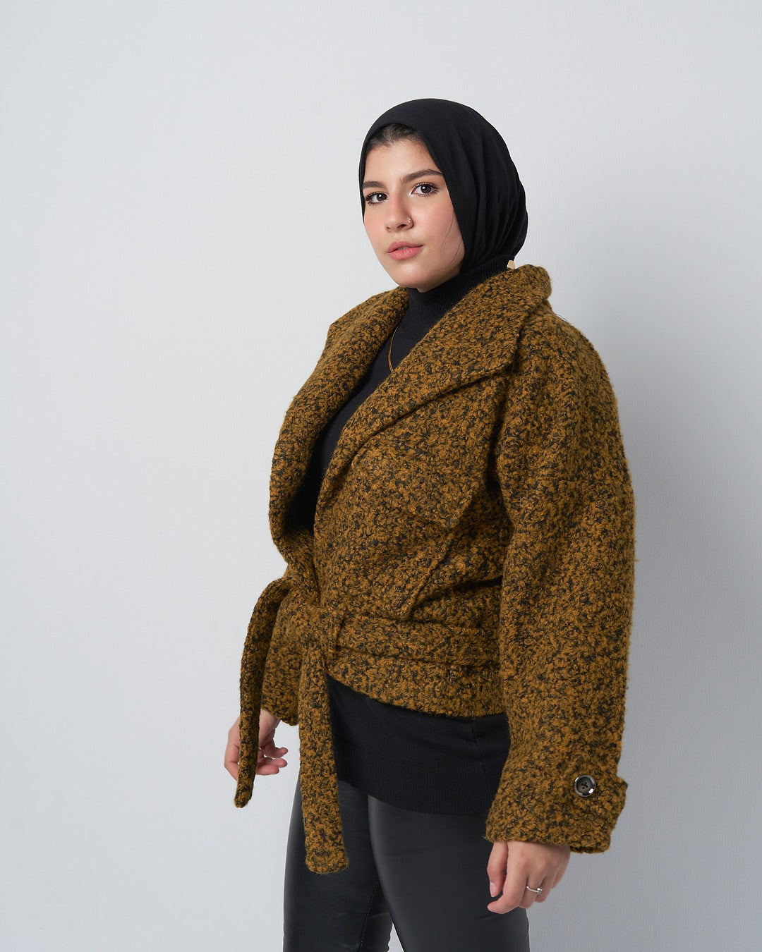 Textured Belted Jacket with Faux Fur wool – Mustard Mix