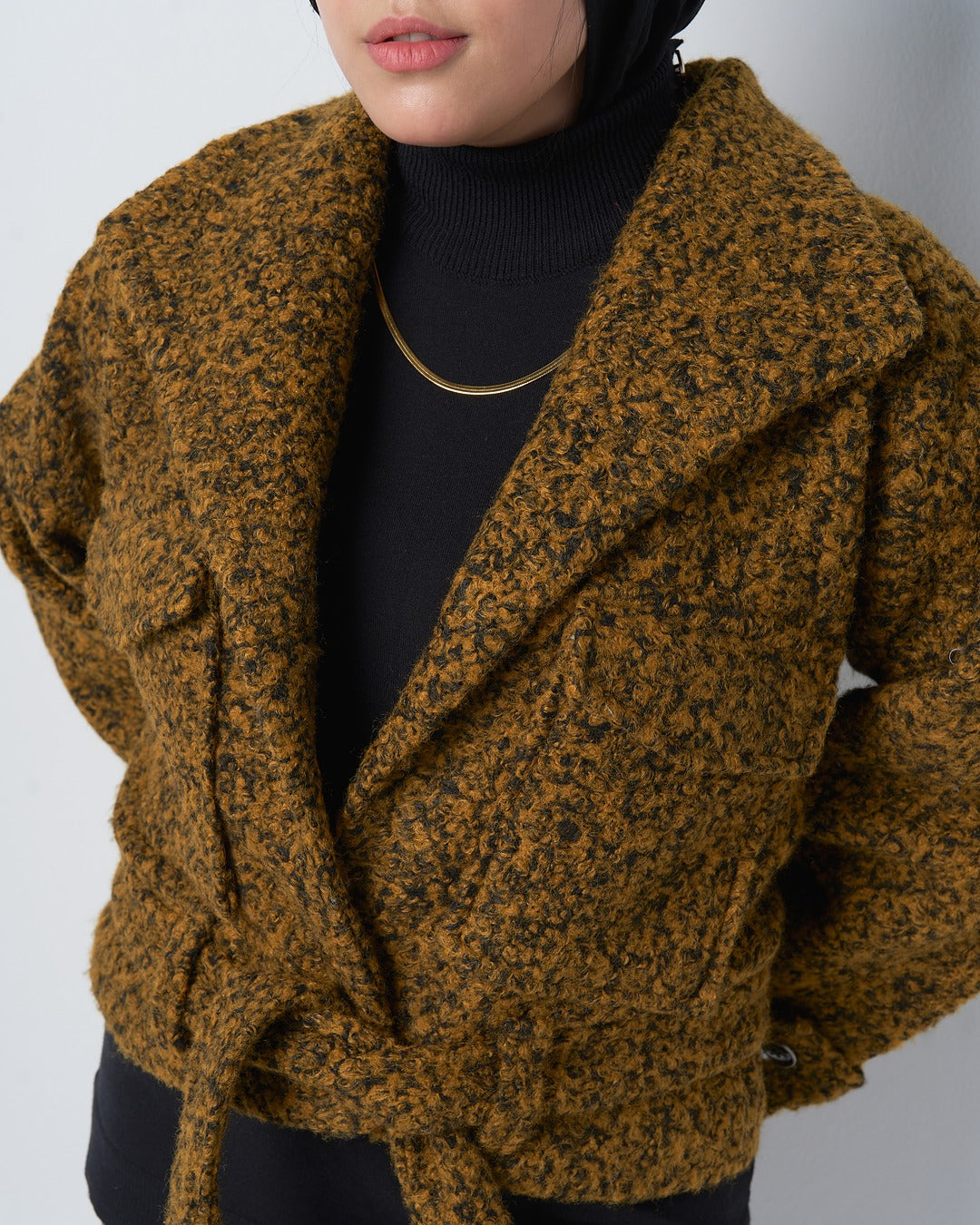 Textured Belted Jacket with Faux Fur wool – Mustard Mix