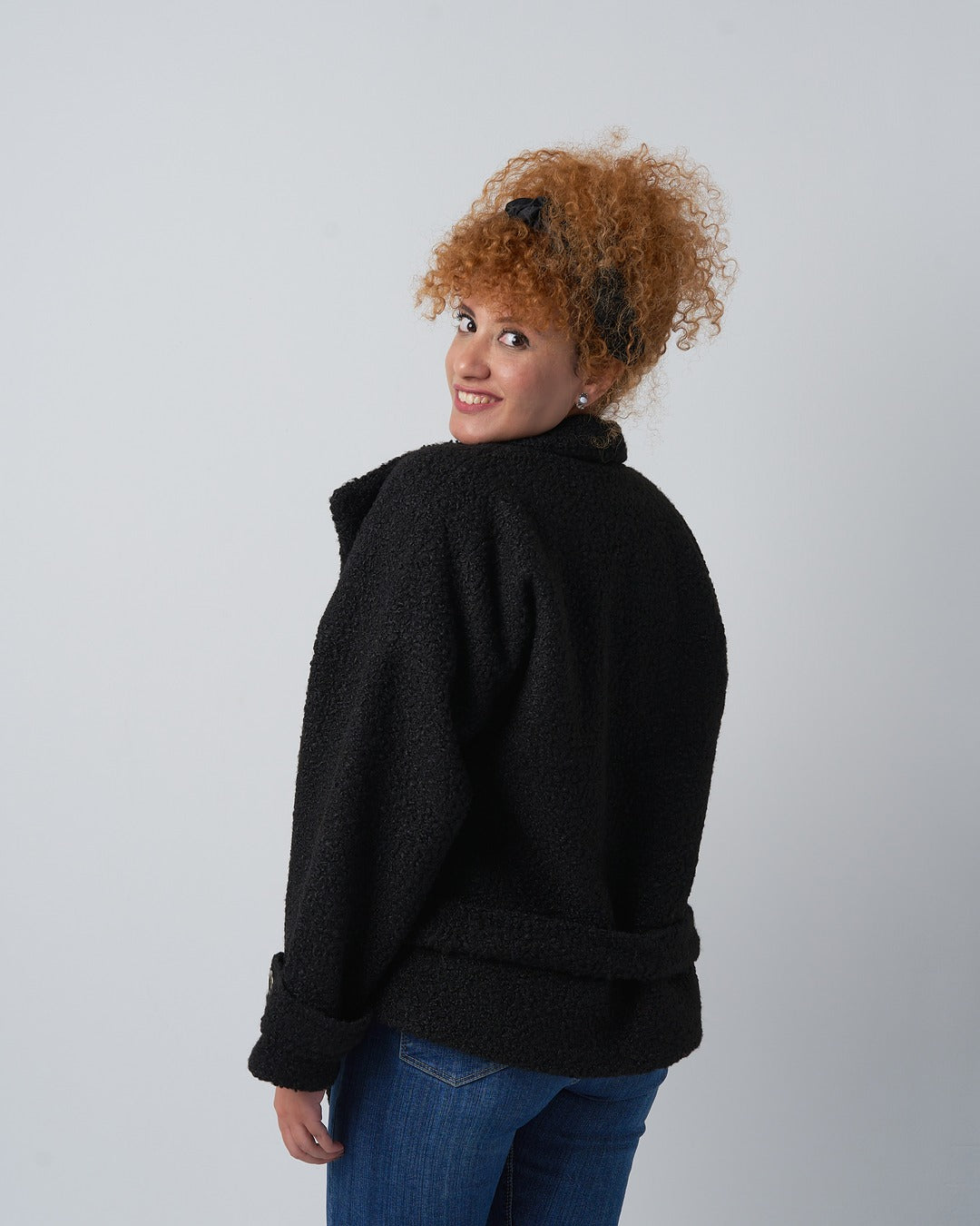 Textured Belted Jacket with Faux Fur Wool – Black