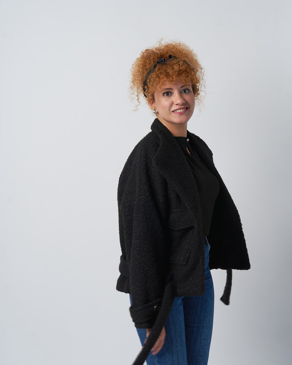 Textured Belted Jacket with Faux Fur Wool – Black