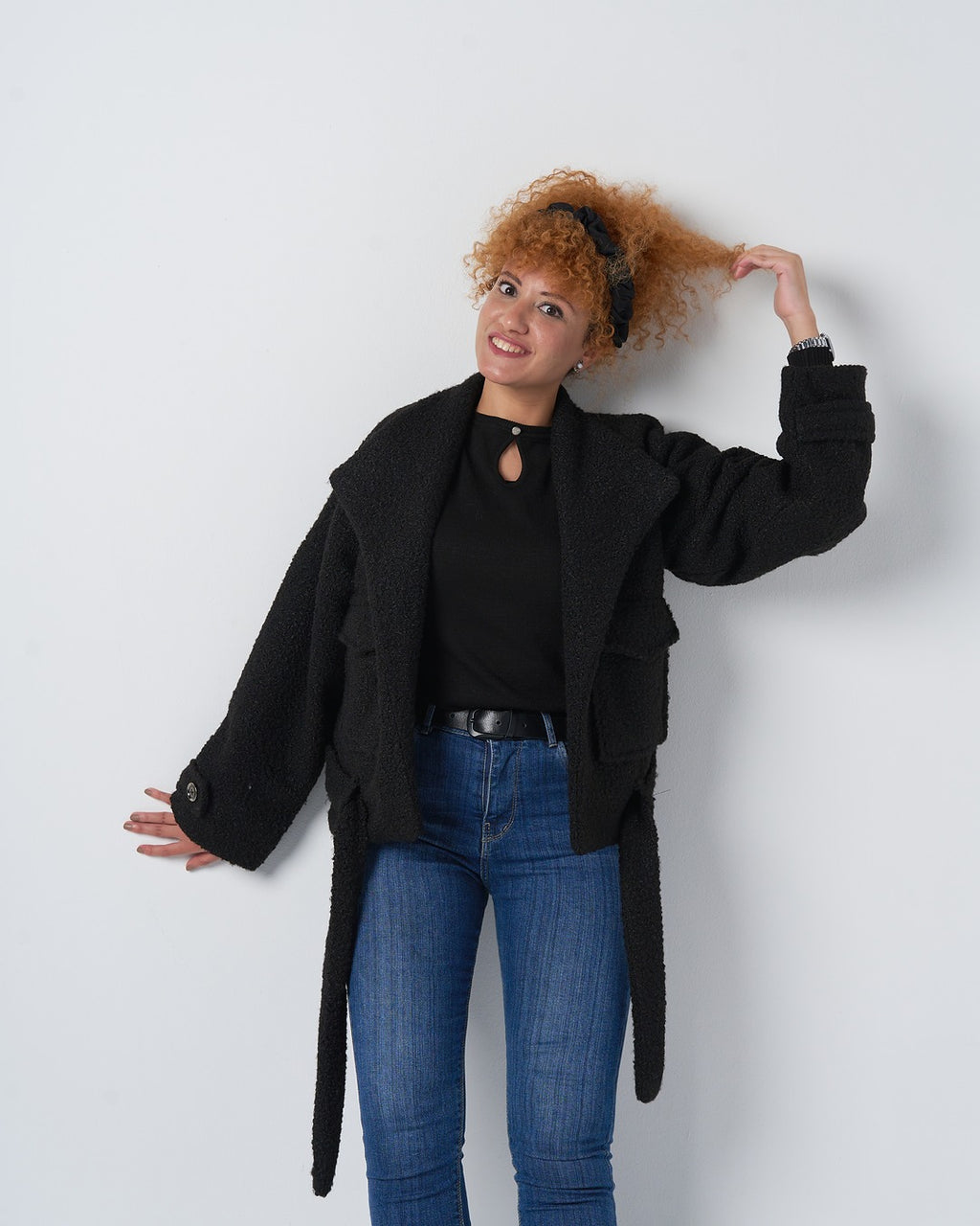 Textured Belted Jacket with Faux Fur Wool – Black