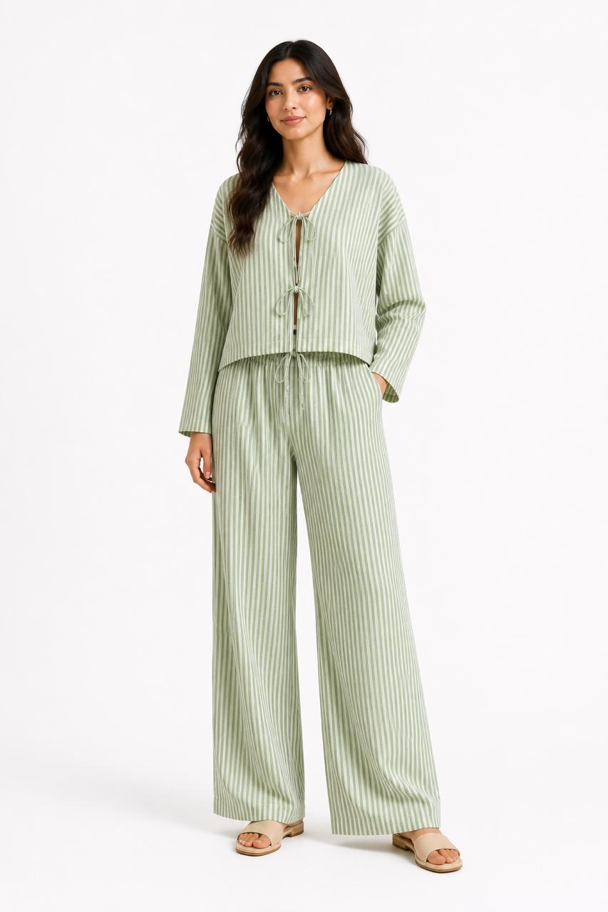 Sage Green Striped Linen Co-ord Set – Faya