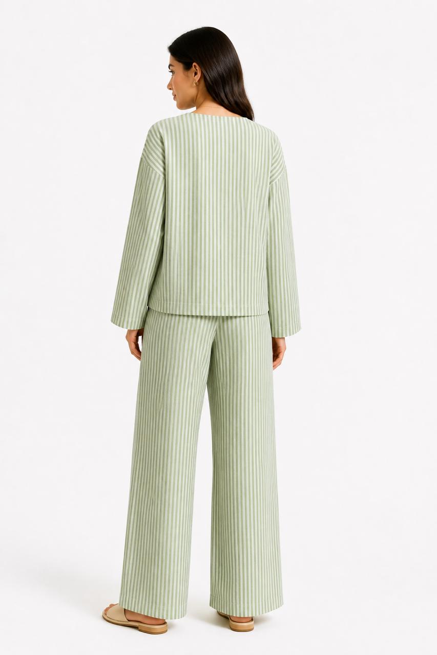 Sage Green Striped Linen Co-ord Set – Faya