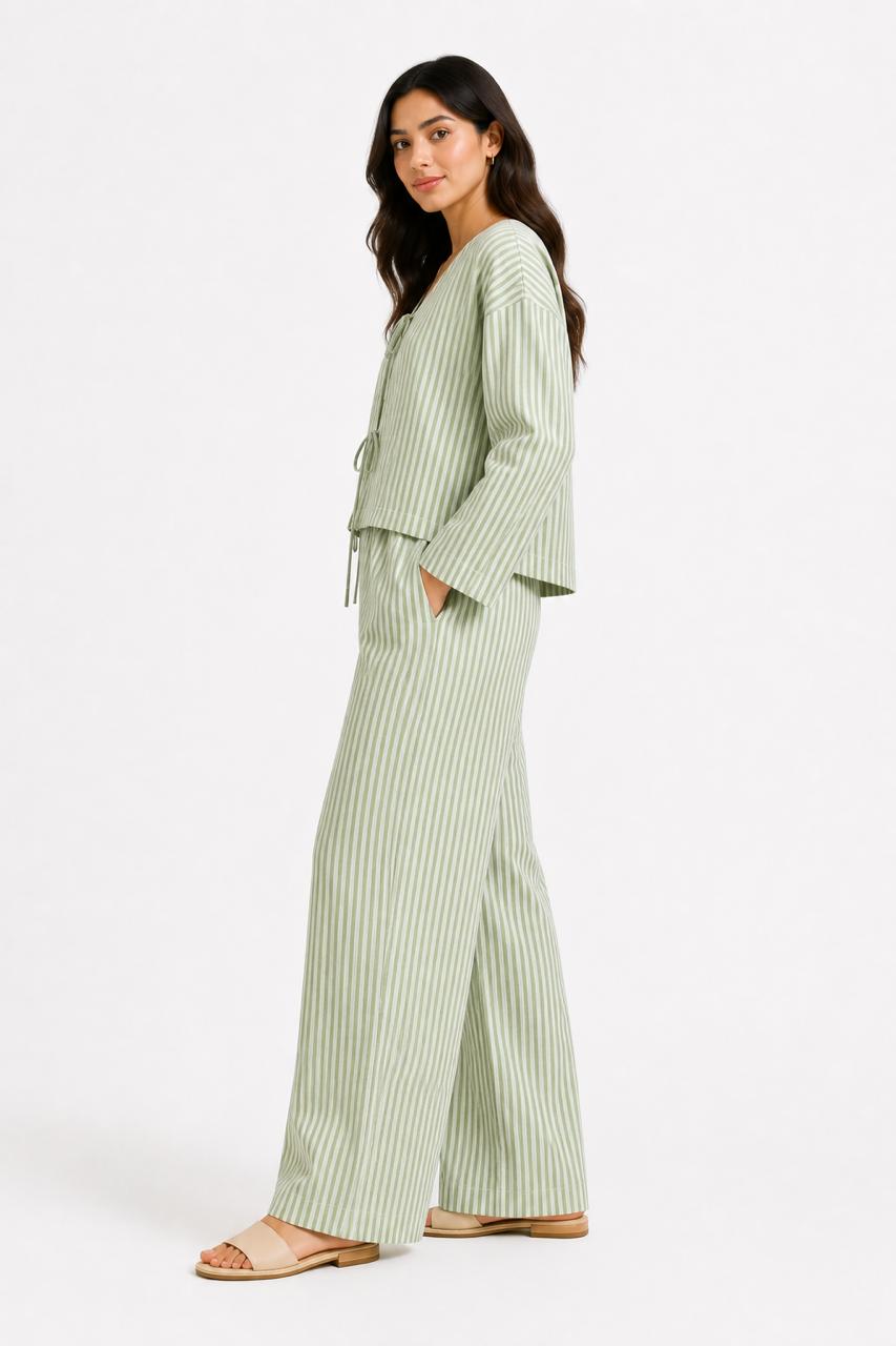 Sage Green Striped Linen Co-ord Set – Faya