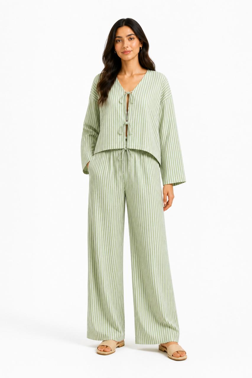 Sage Green Striped Linen Co-ord Set – Faya