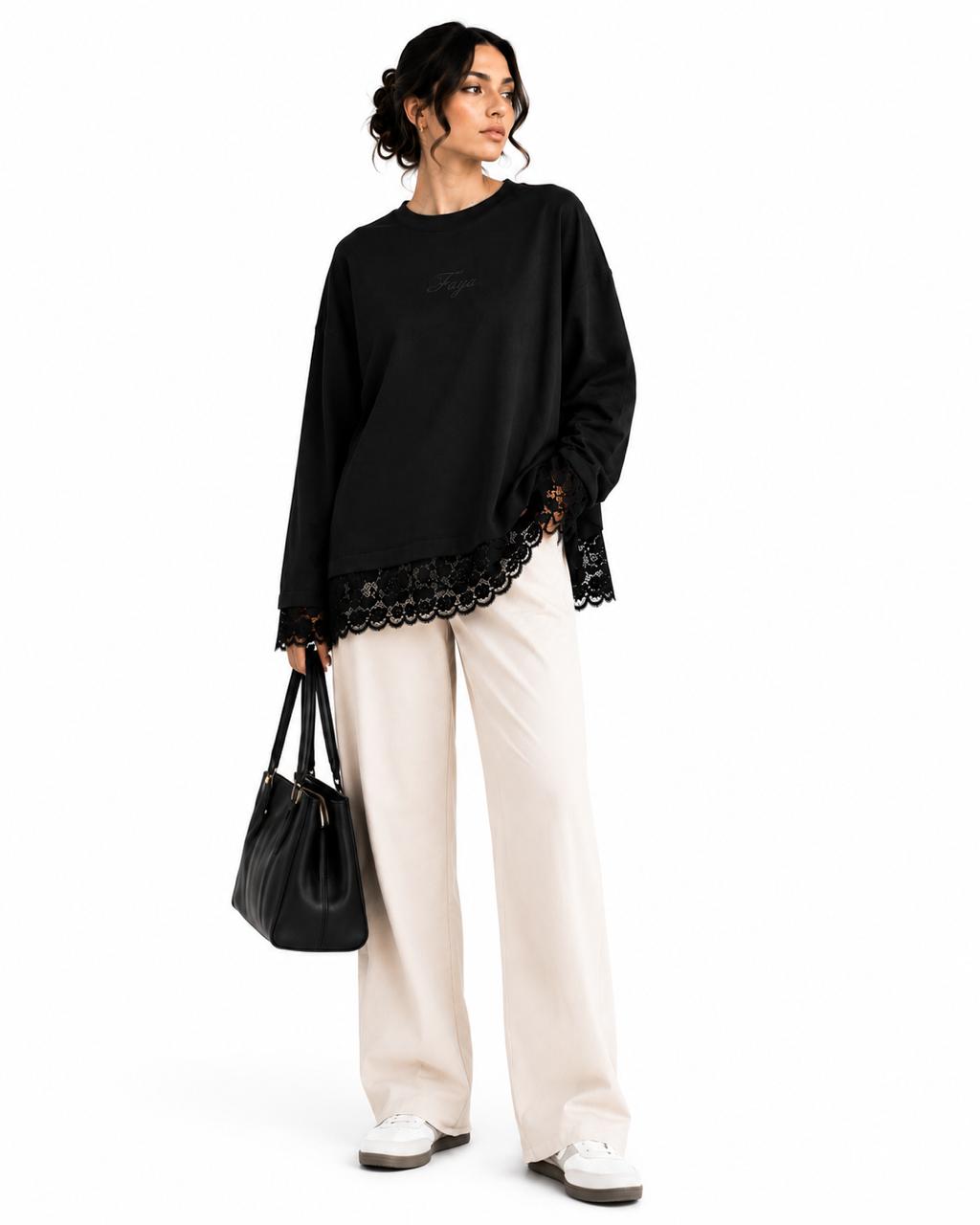 Black Lace Trim Tee – Faya