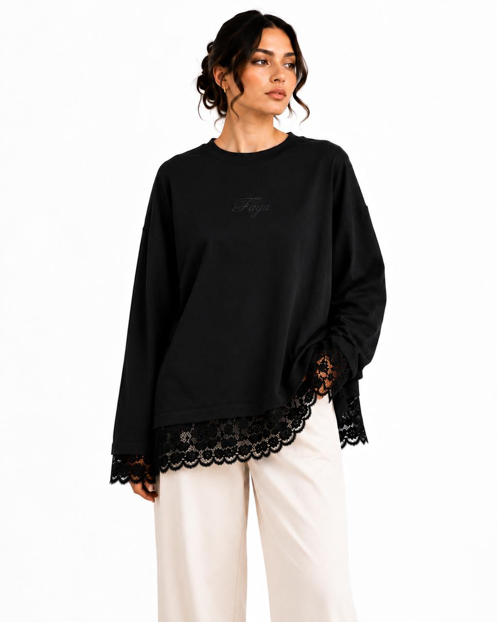 Black Lace Trim Tee – Faya